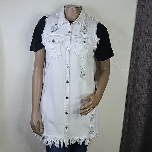Vest Size Small/Medium White Distressed Denim Embellished Pink Butterflies Cute - Picture 3 of 7